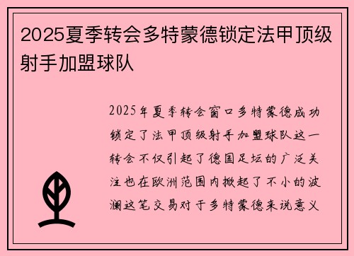 2025夏季转会多特蒙德锁定法甲顶级射手加盟球队