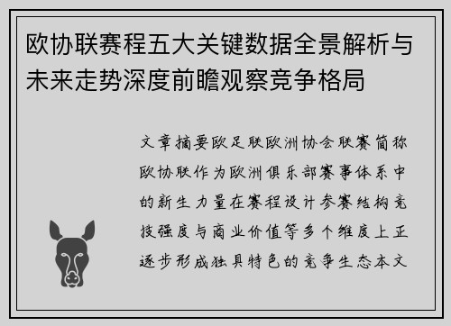 欧协联赛程五大关键数据全景解析与未来走势深度前瞻观察竞争格局