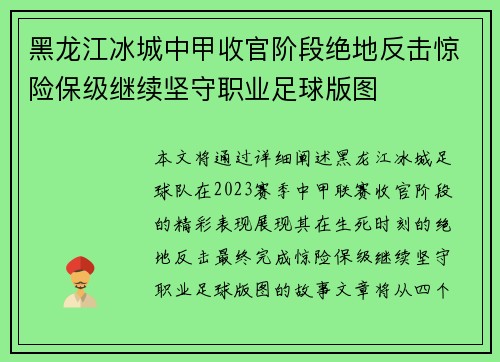 黑龙江冰城中甲收官阶段绝地反击惊险保级继续坚守职业足球版图